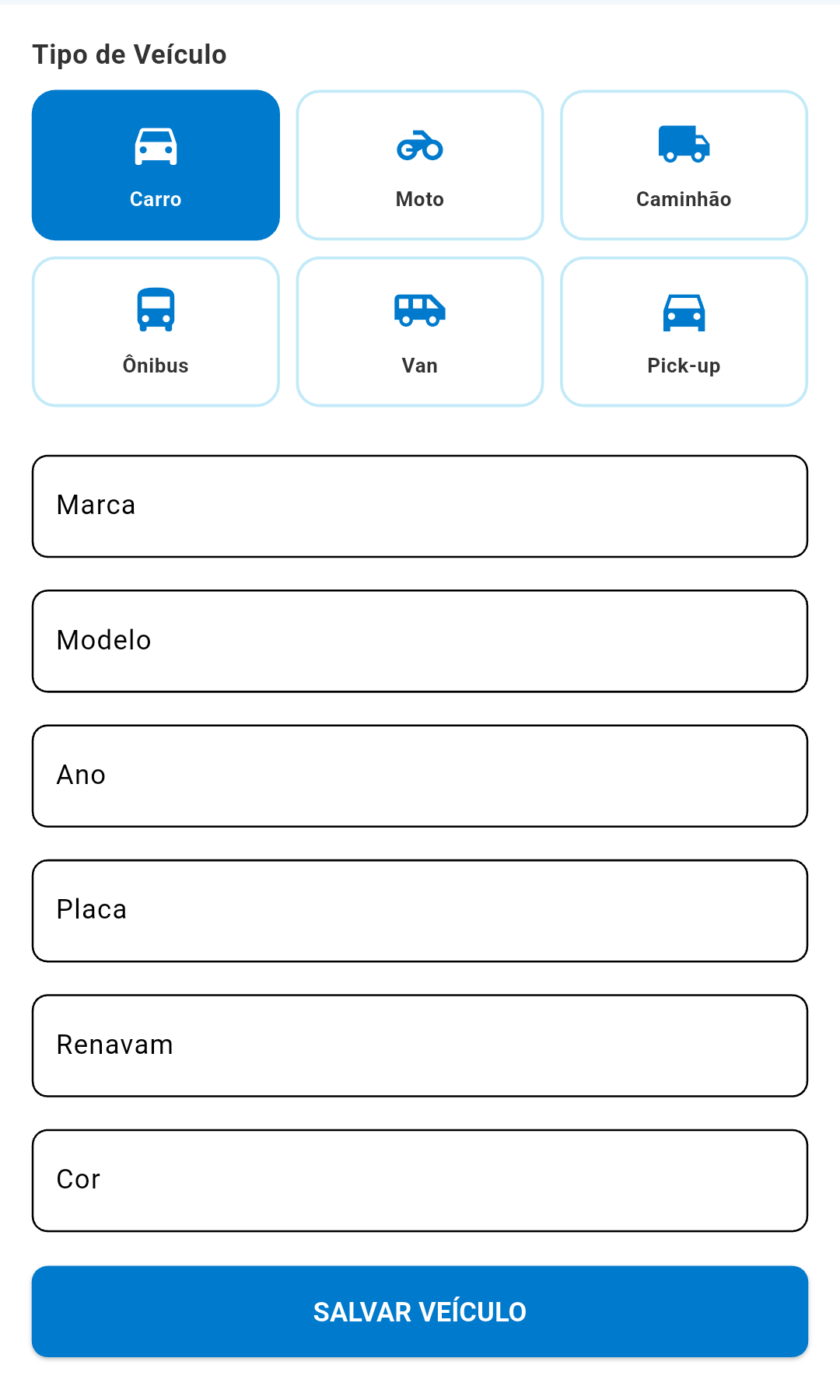 Tela de cadastro de veículos