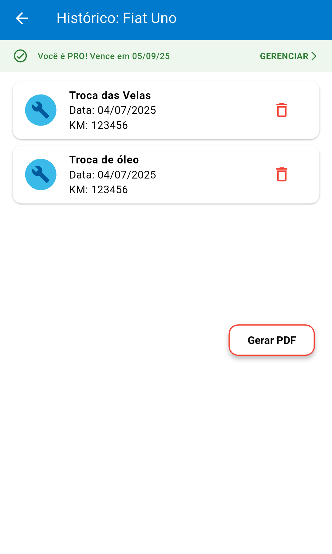 Tela de histórico de serviços