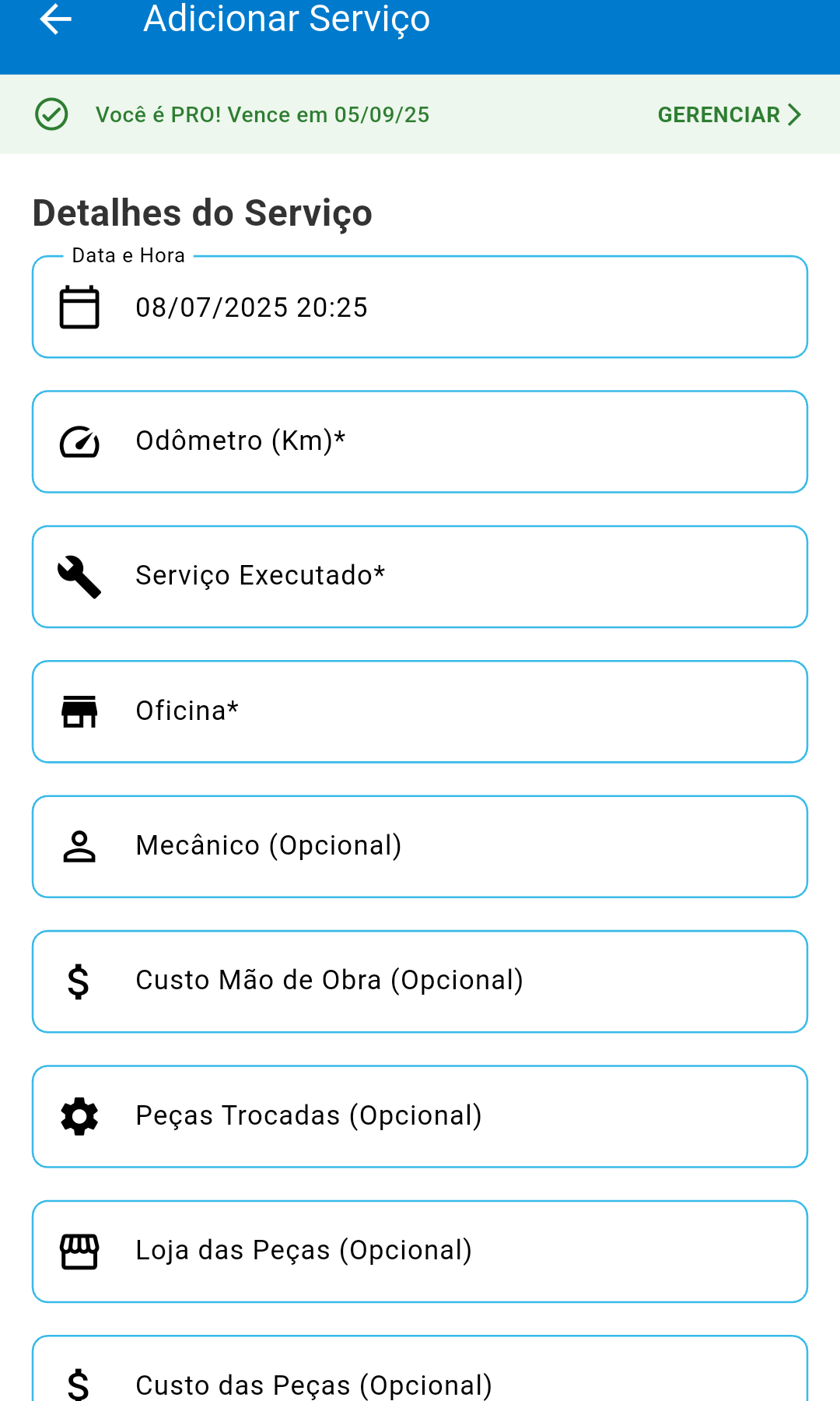 Tela de registro de serviço